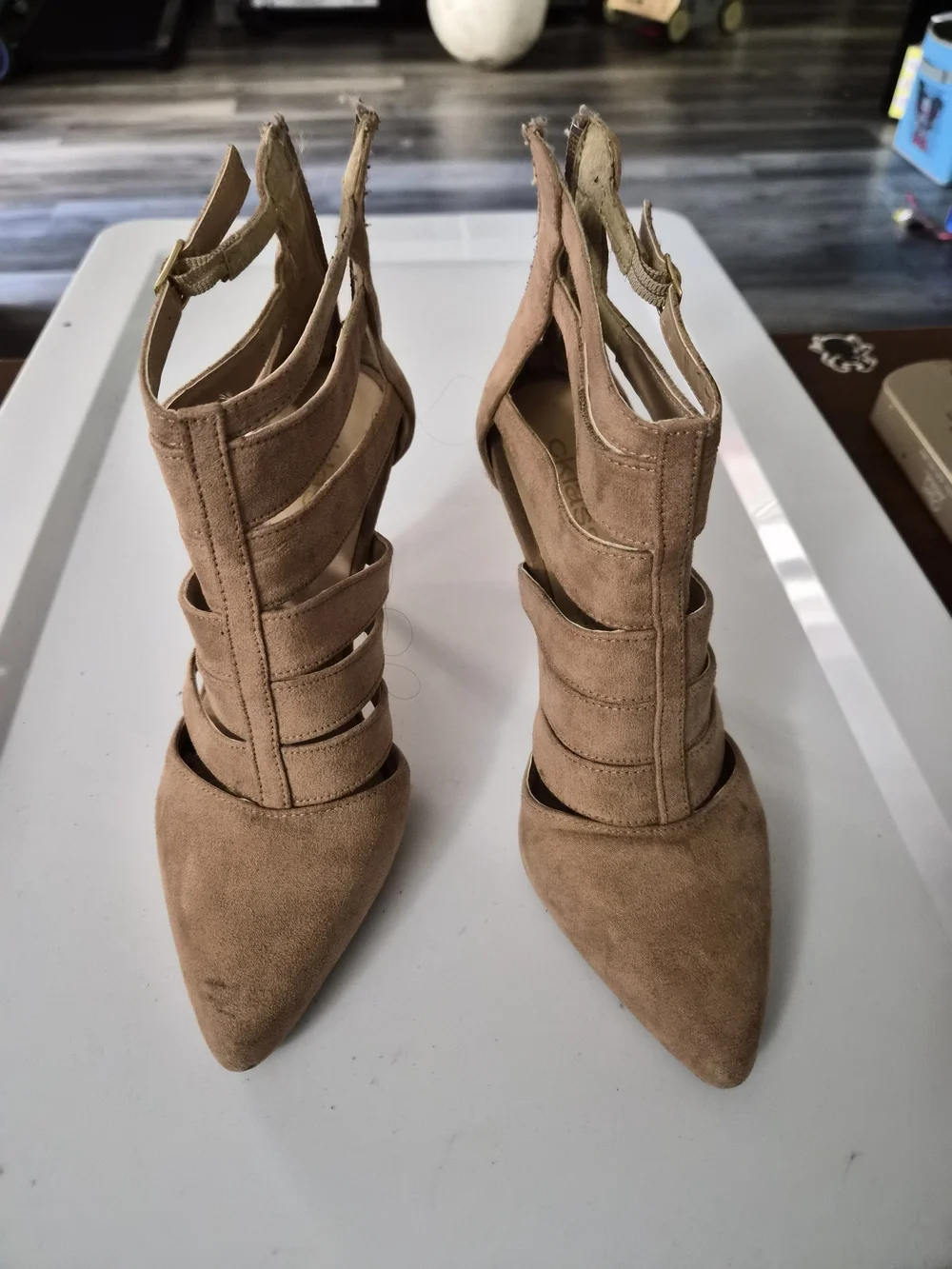 Strappy Pointed-Toe Suede Heels in Tan